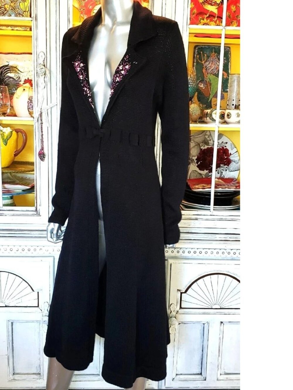 Vintage Betsey Johnson New York Duster Coat Black Sweater Dress Knit Jacket M S - Picture 10 of 14